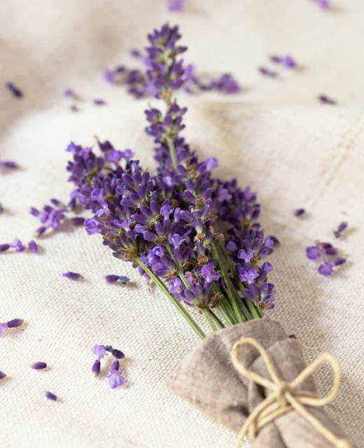 Bouquet de lavande posé sur un linge écru